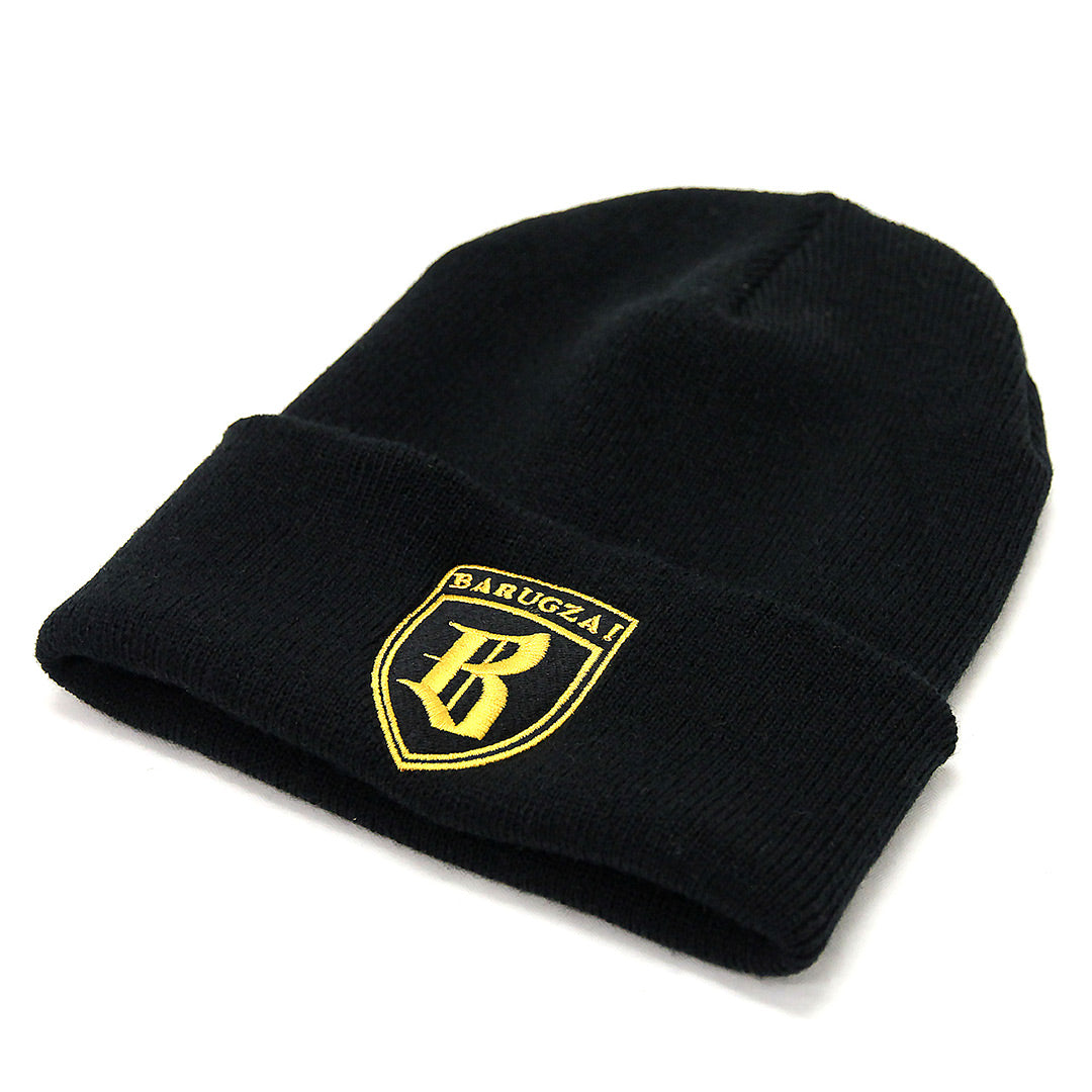 Black Cuffed beanie with yellow Barugzai star logo on a white background.