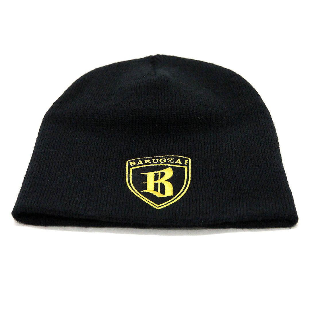 Black Barugzai cuffless beanie with a yellow logo on a white background.