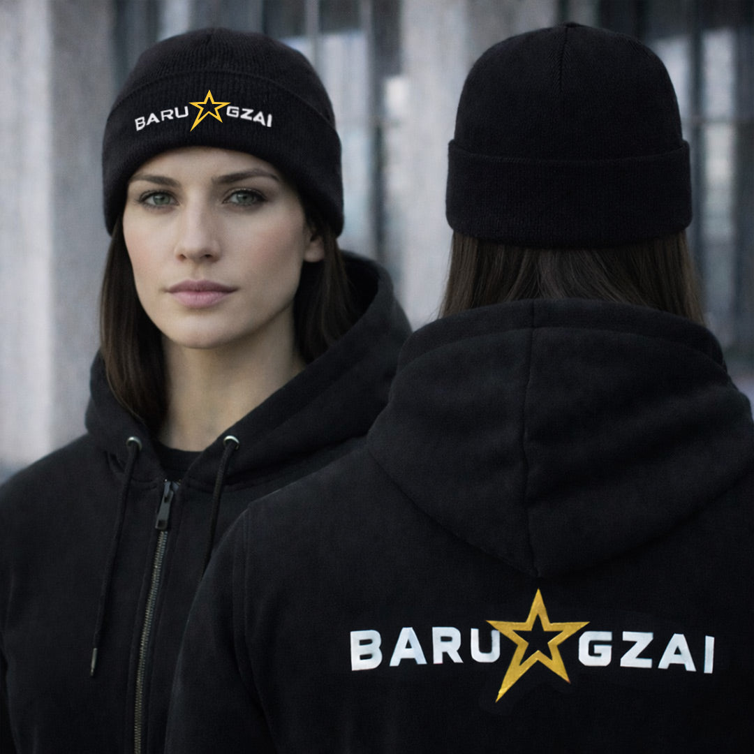 Female wearing a black hoodie and beanie with 'BARU GZAI' branding.
