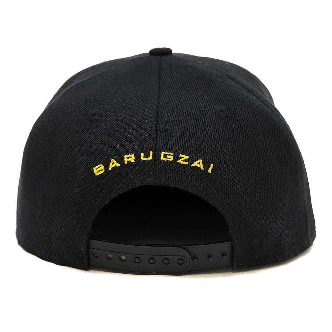 Barugzai B-Star Snapback Cap rear view black and gold with embroidered arched logo and adjustable snapback fastening.