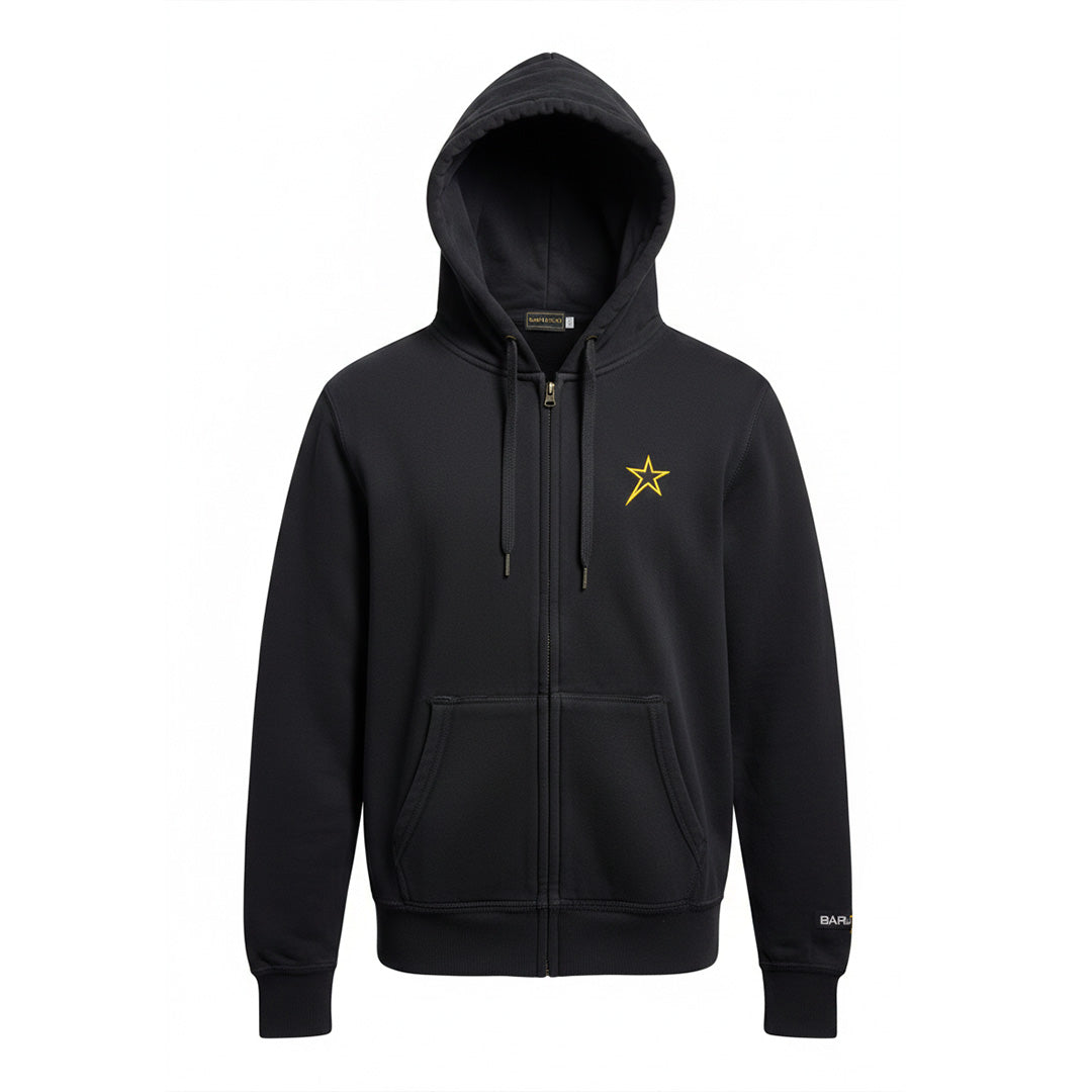 Black hoodie with a yellow star logo on a white background. 