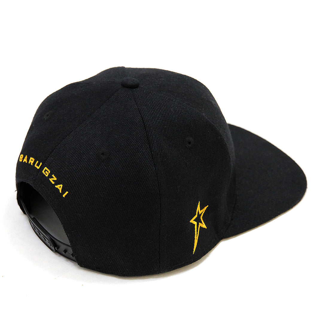 Barugzai black snapback cap rear quarter angle showing gold star embroidery and arched rear branding