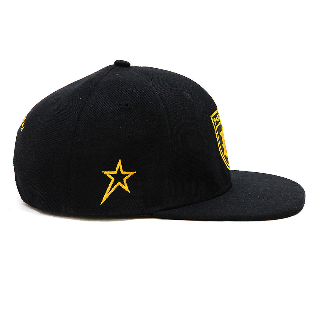 Barugzai B-Star Cap side profile black structured snapback with gold embroidered star emblem.
