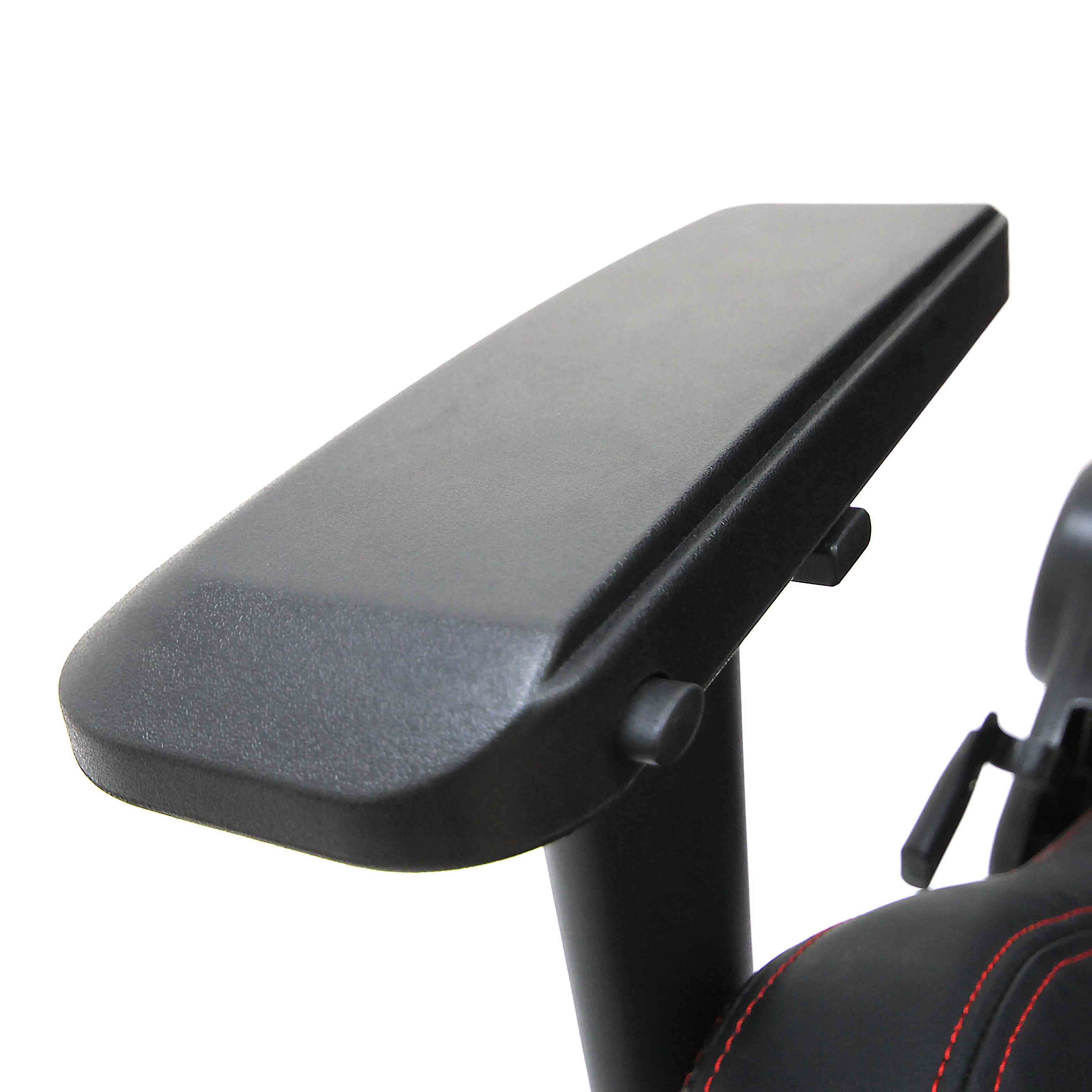 Black armrest on a chair with red stitching on a white background.