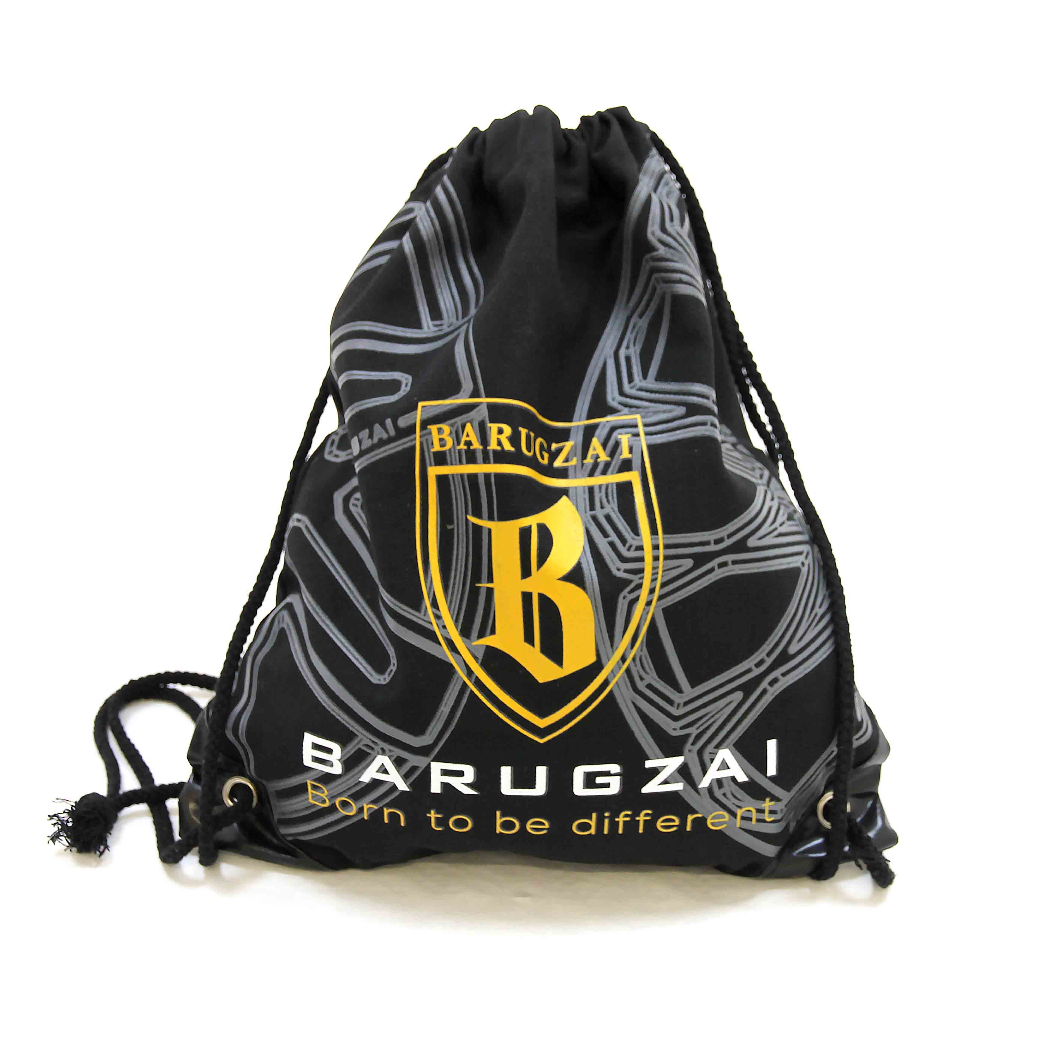 Black drawstring bag with Barugzai logo and text on a white background
