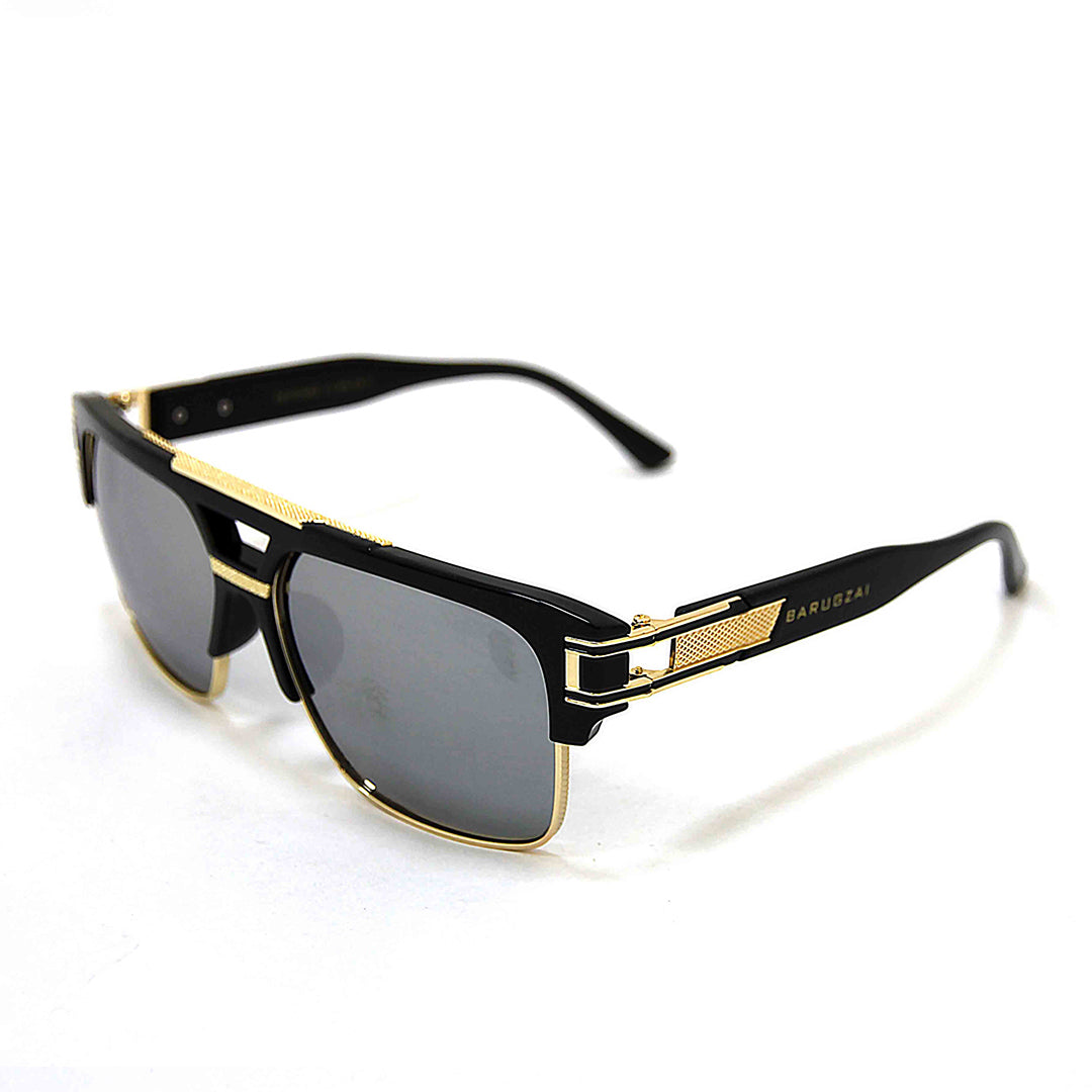 Barugzai Black Body Smoked lens Sunglasses with black frame and gold accents on a white background.