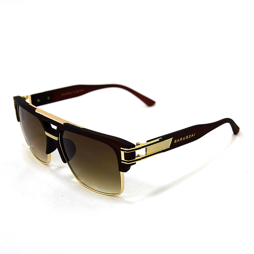 Barugzai Sunglasses with gold frame and brown lenses on a white background.