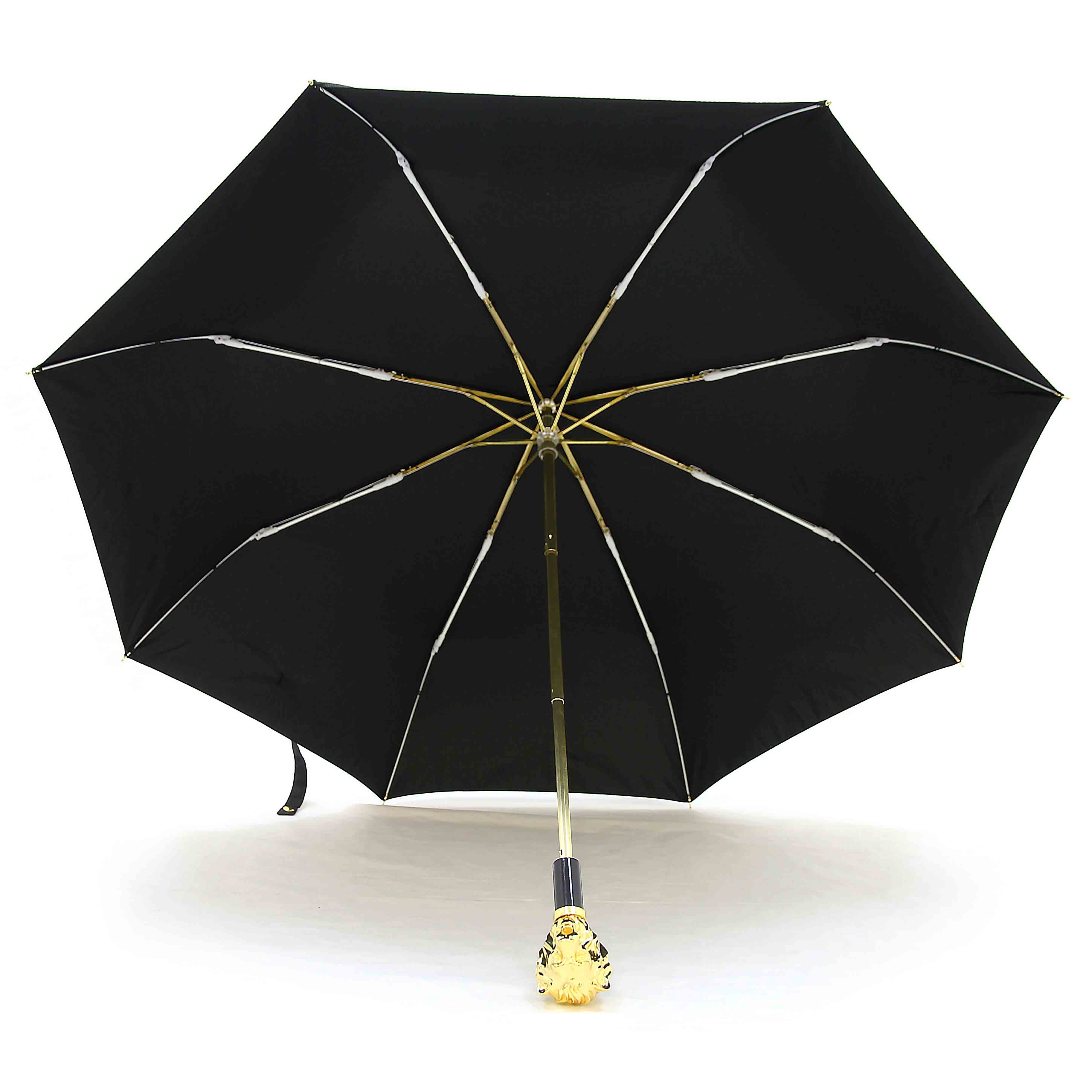 Black umbrella with gold handle on a white background.