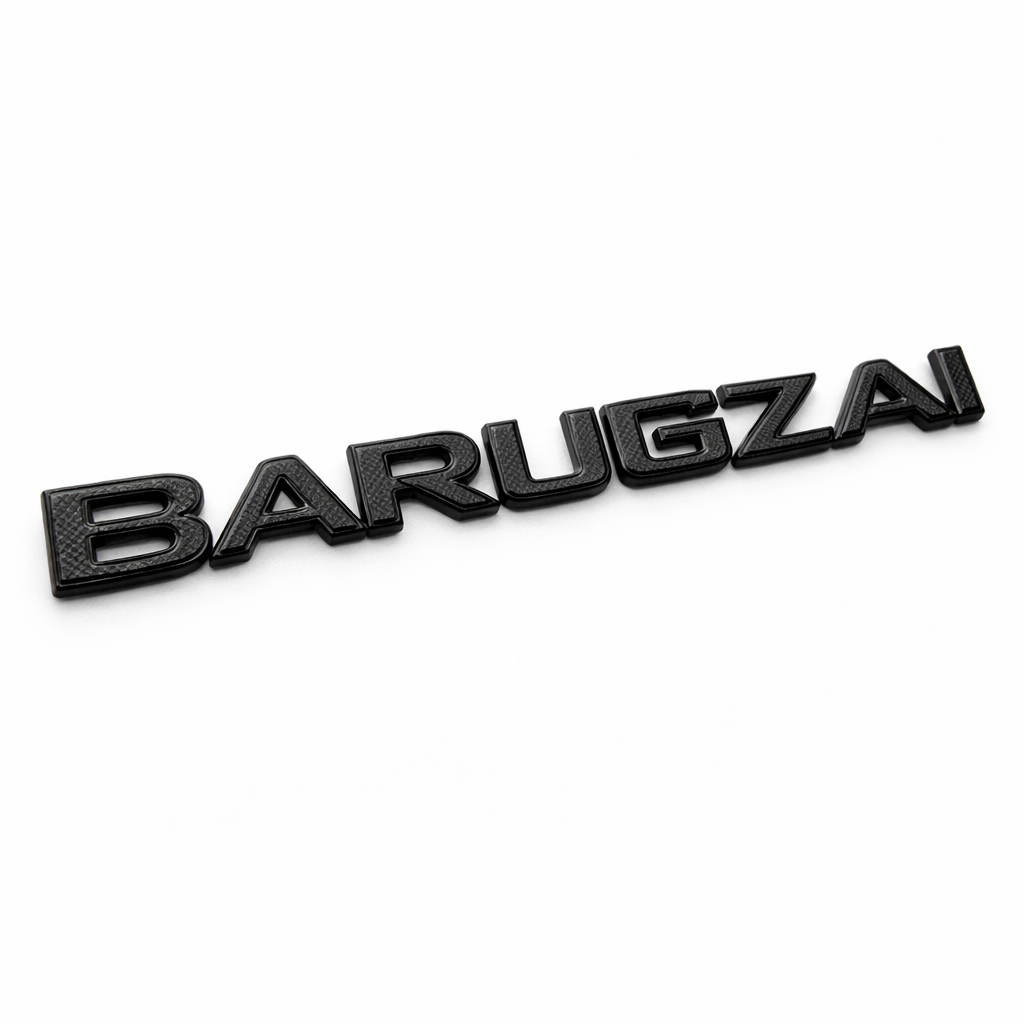 Black texture with black border lettering spelling 'BARUGZAI' on a white background