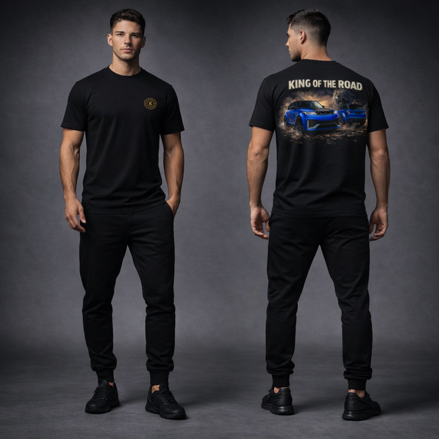 Man wearing a black t-shirt with a graphic design on the back against a gray background