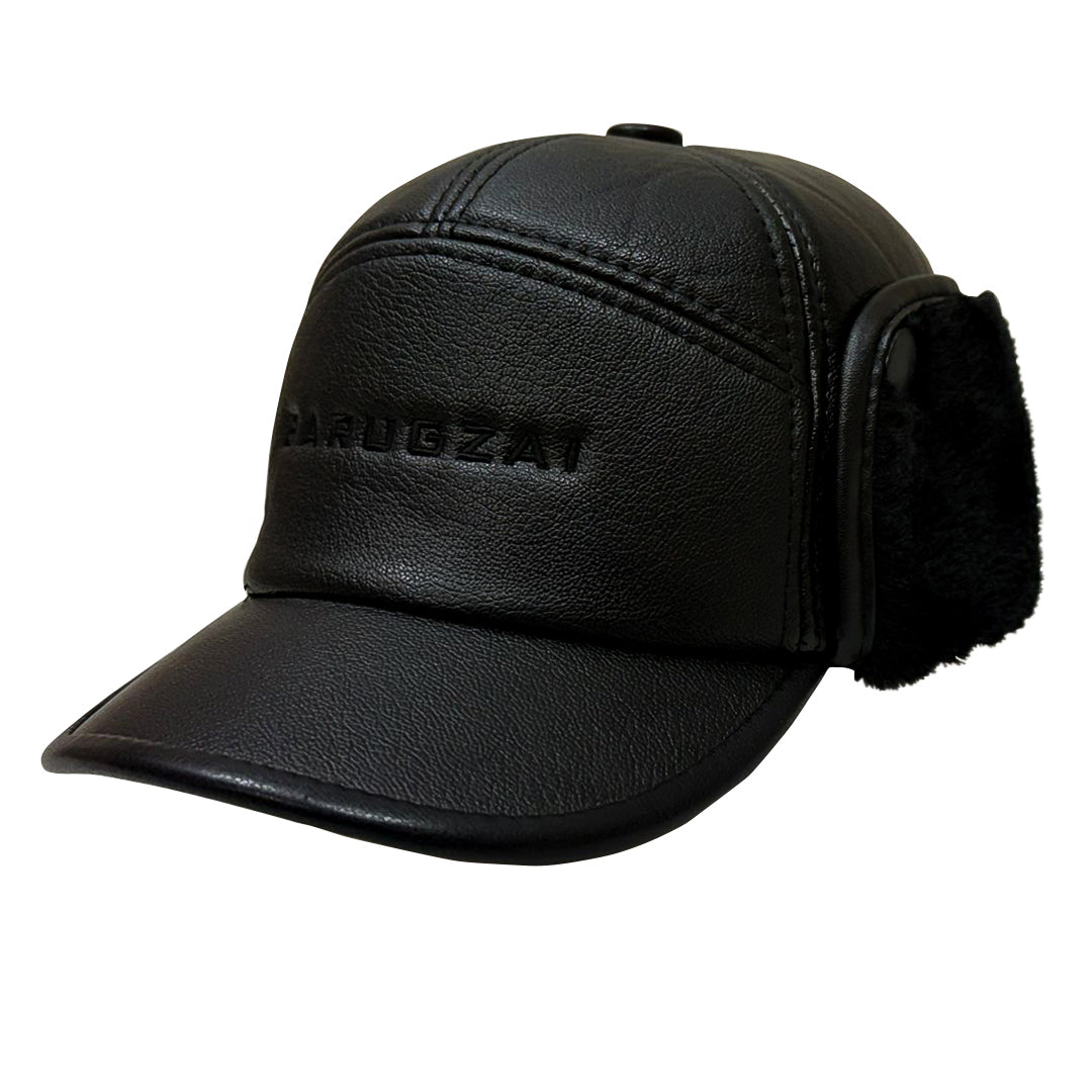 Black leather cap with ear flaps on a white background.