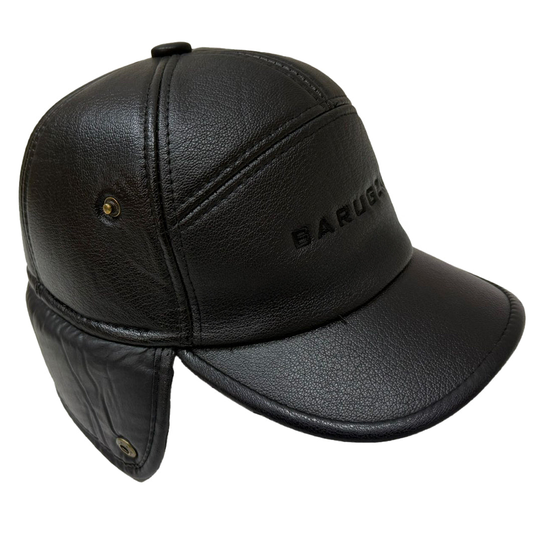 Front Quarter Black leather cap with ear flaps on a white background.