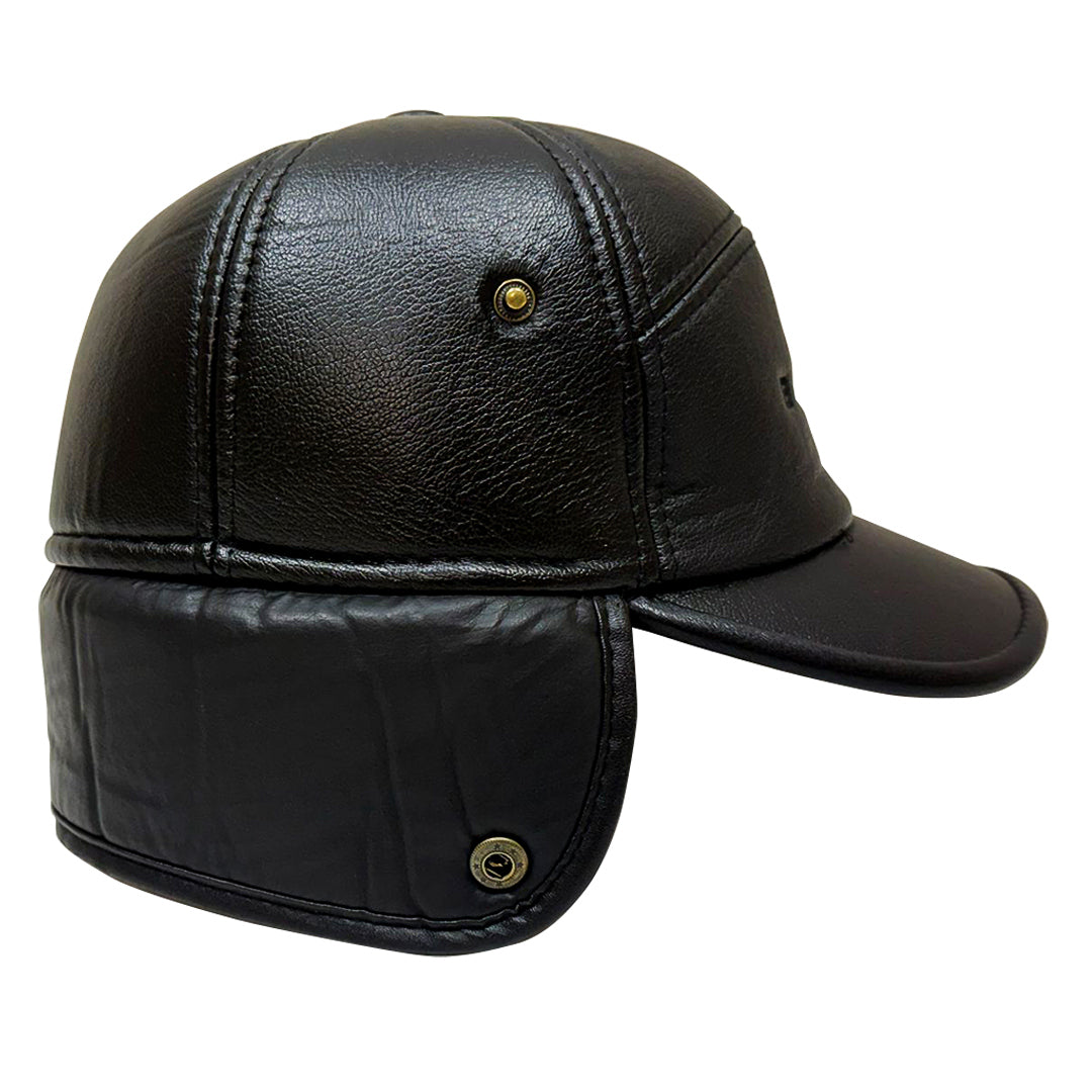 Side View of the Black leather cap with ear flaps on a white background.