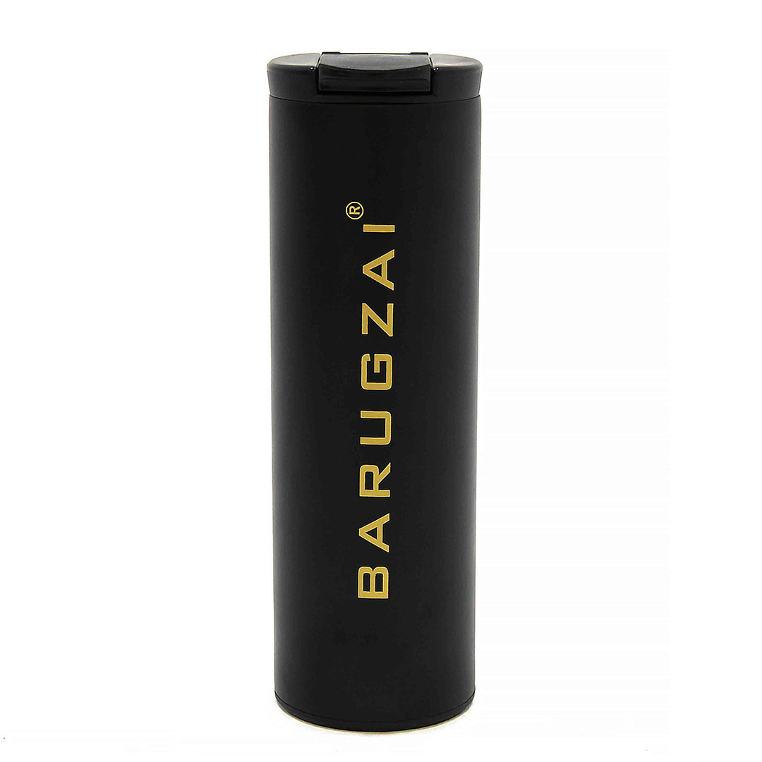Black travel Mug 500 ML with gold 'BARUGZAI' branding on a white background.