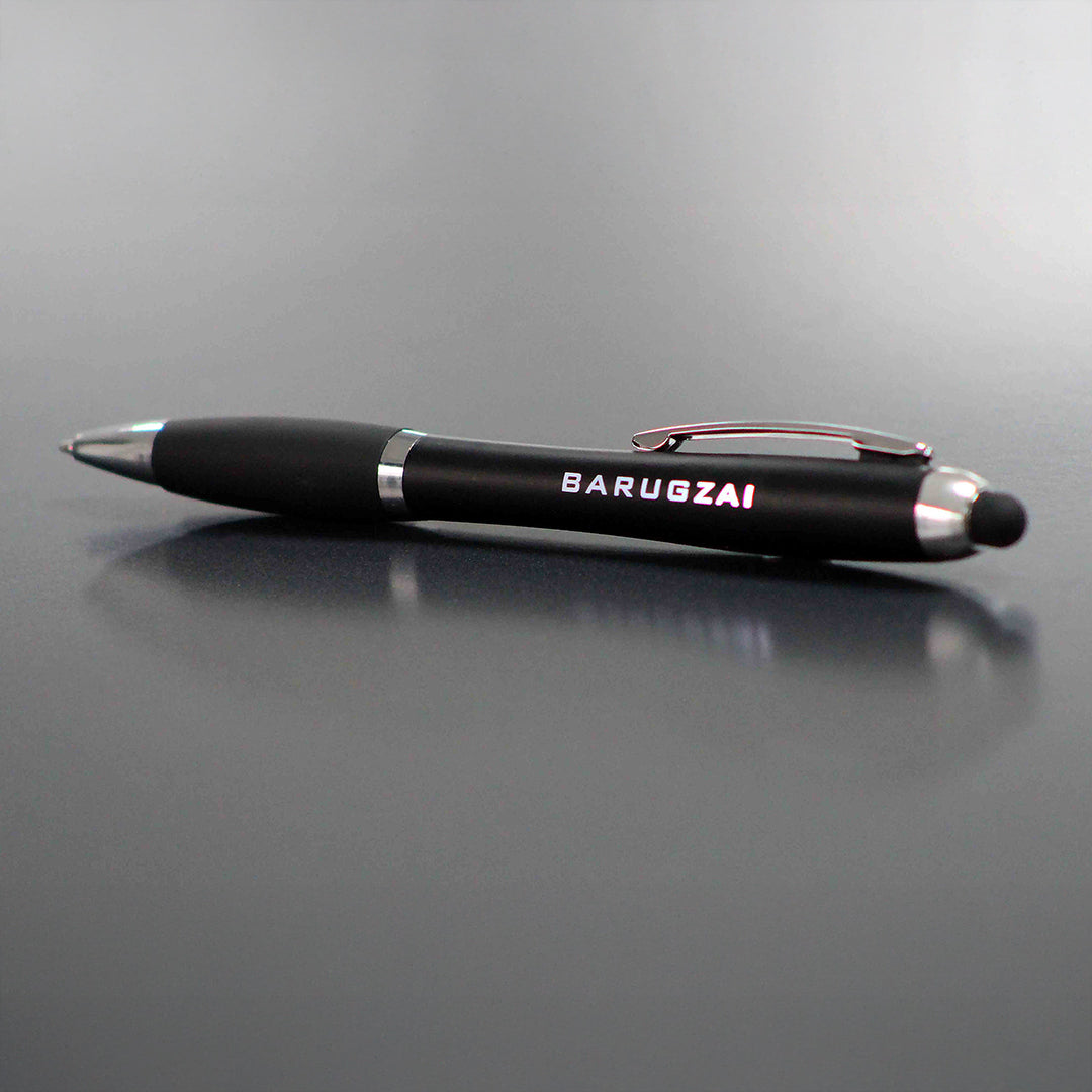 Black pen with stylus on a gray background