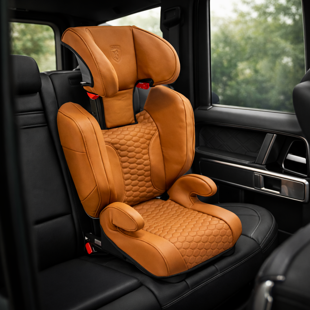 Orange Barugzai car seat with quilted design in a vehicle interior.