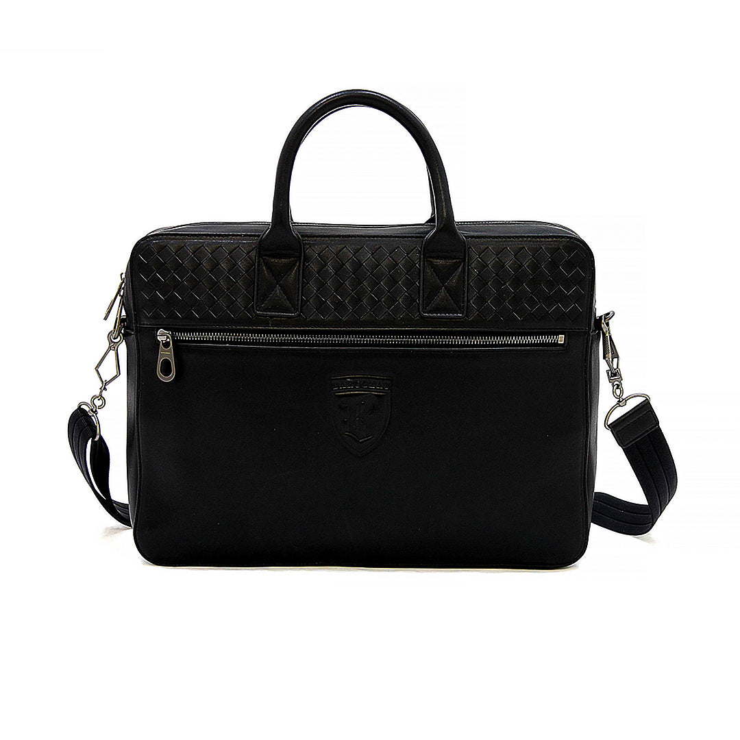 Black Barugzai Leather briefcase with shoulder strap on a white background.