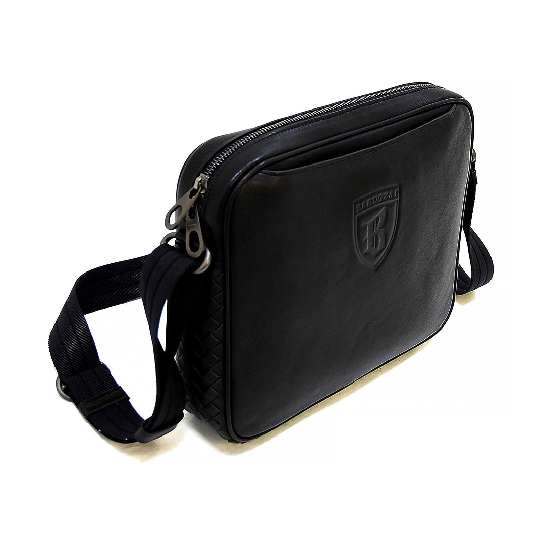 Black leather Man bag with a visible barguzai logo on a white background