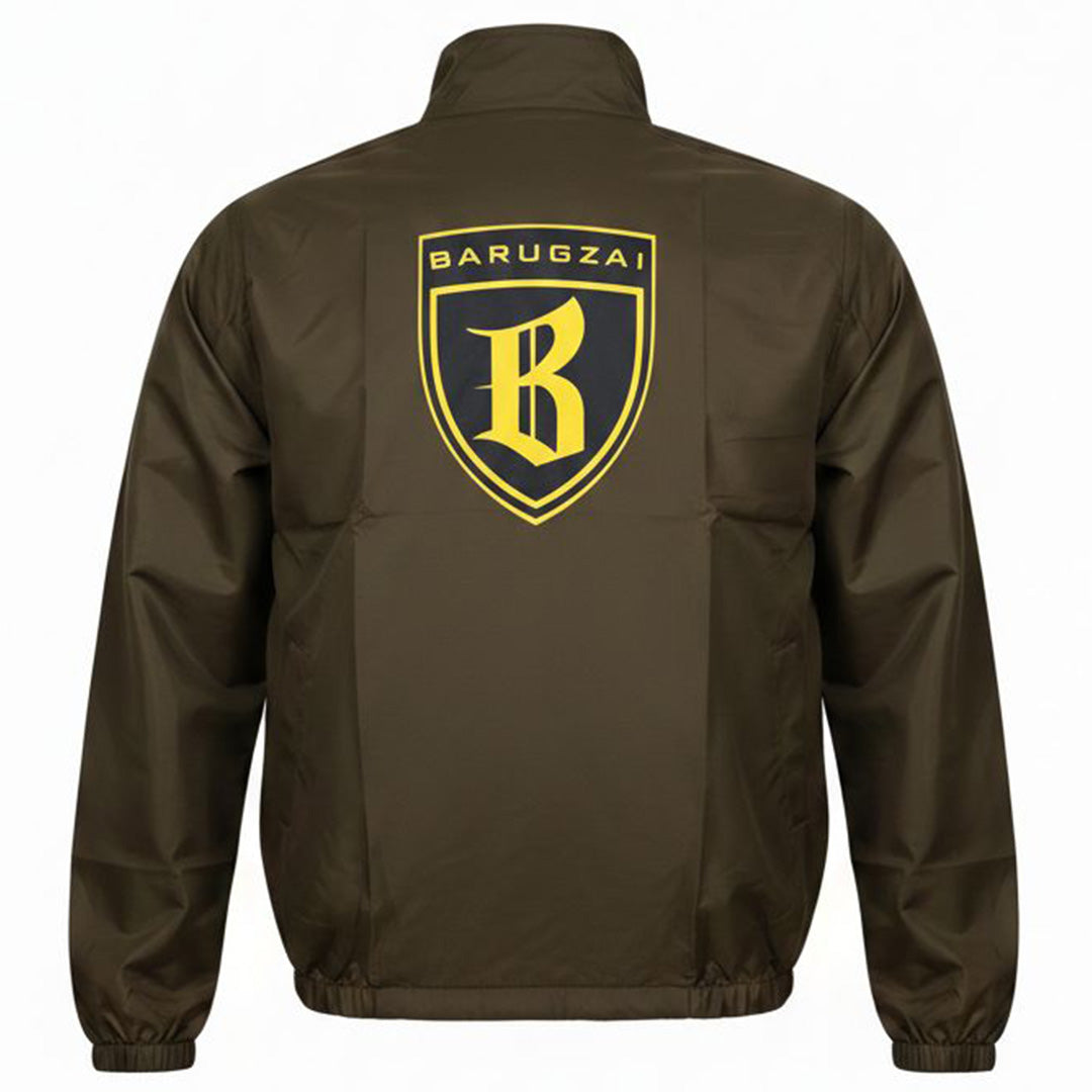 Olive Brown jacket with a yellow and black logo on the back against a white background.