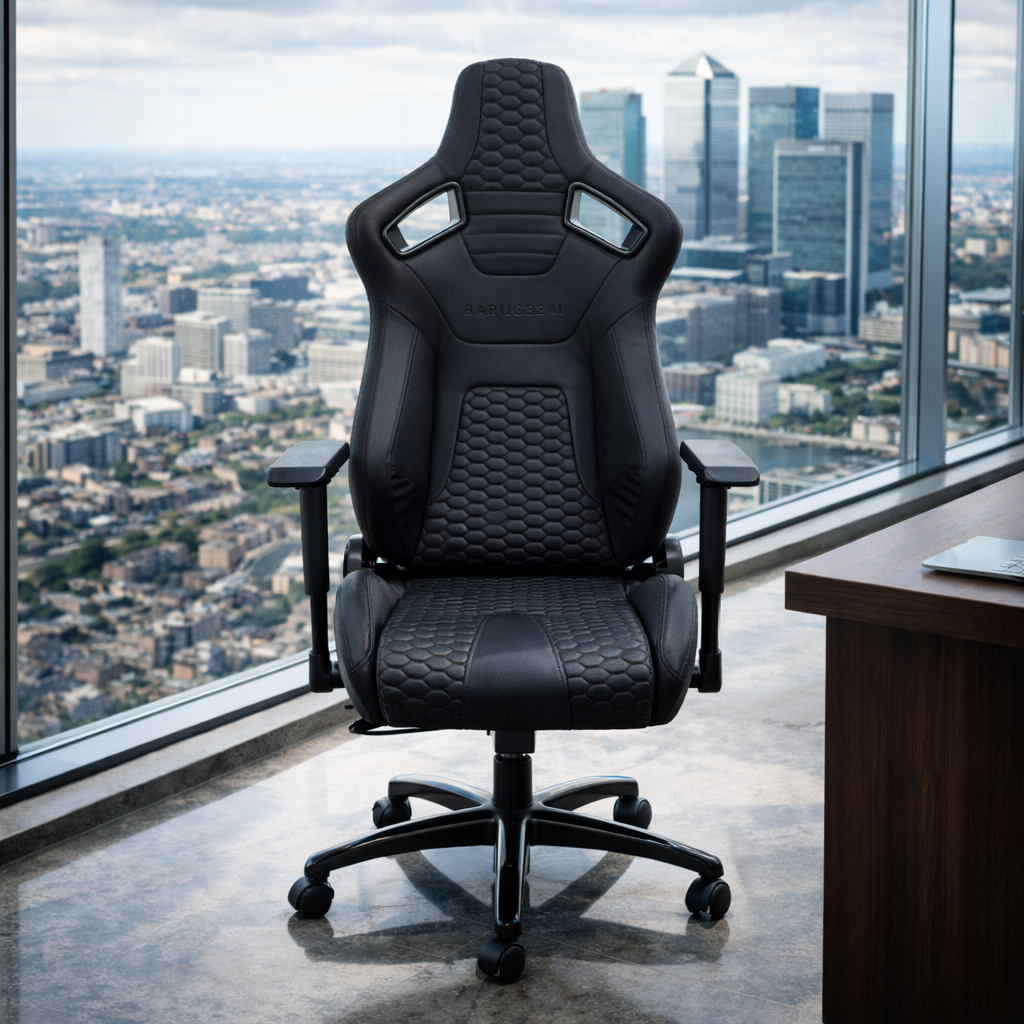 Black Barugzai office chair in a modern office setting with cityscape view.