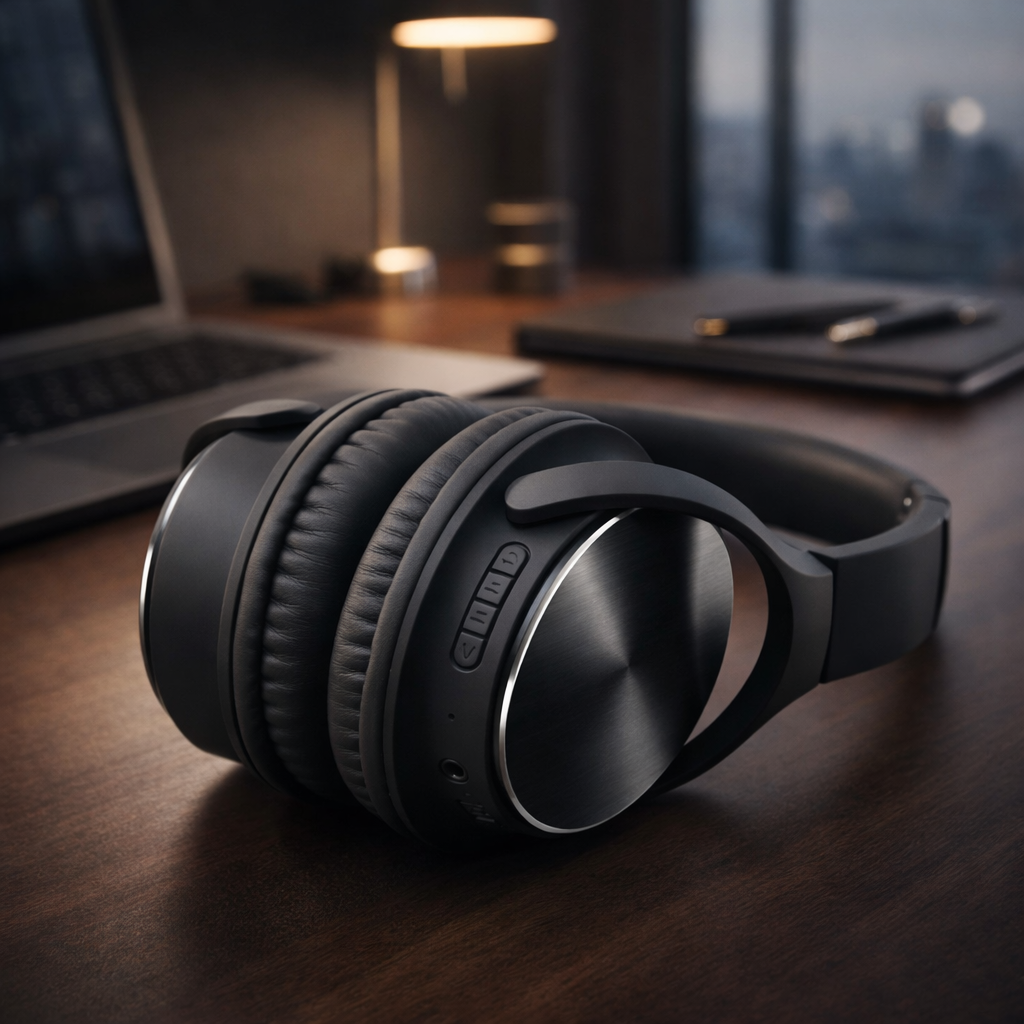 The barugzai headphones on a wooden table. The office overlooks a view with the office space. 