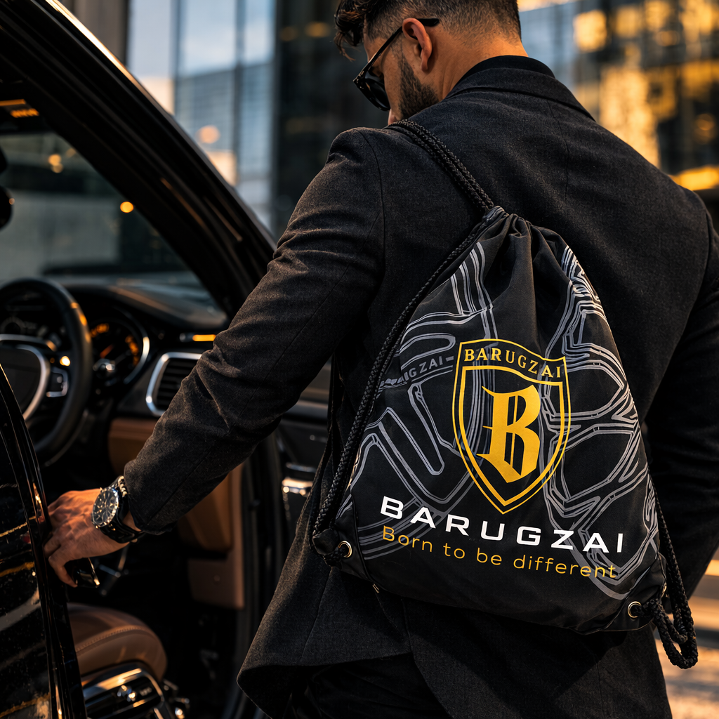 Person with a backpack featuring 'BARUGZAI' brand logo getting into a car.