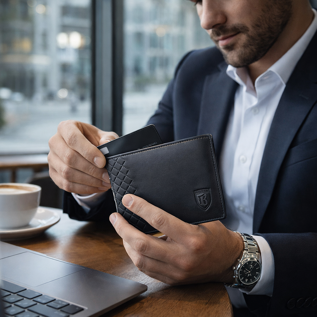 Man in a suit sitting at a table with a laptop, holding a black leather barugzai wallet.