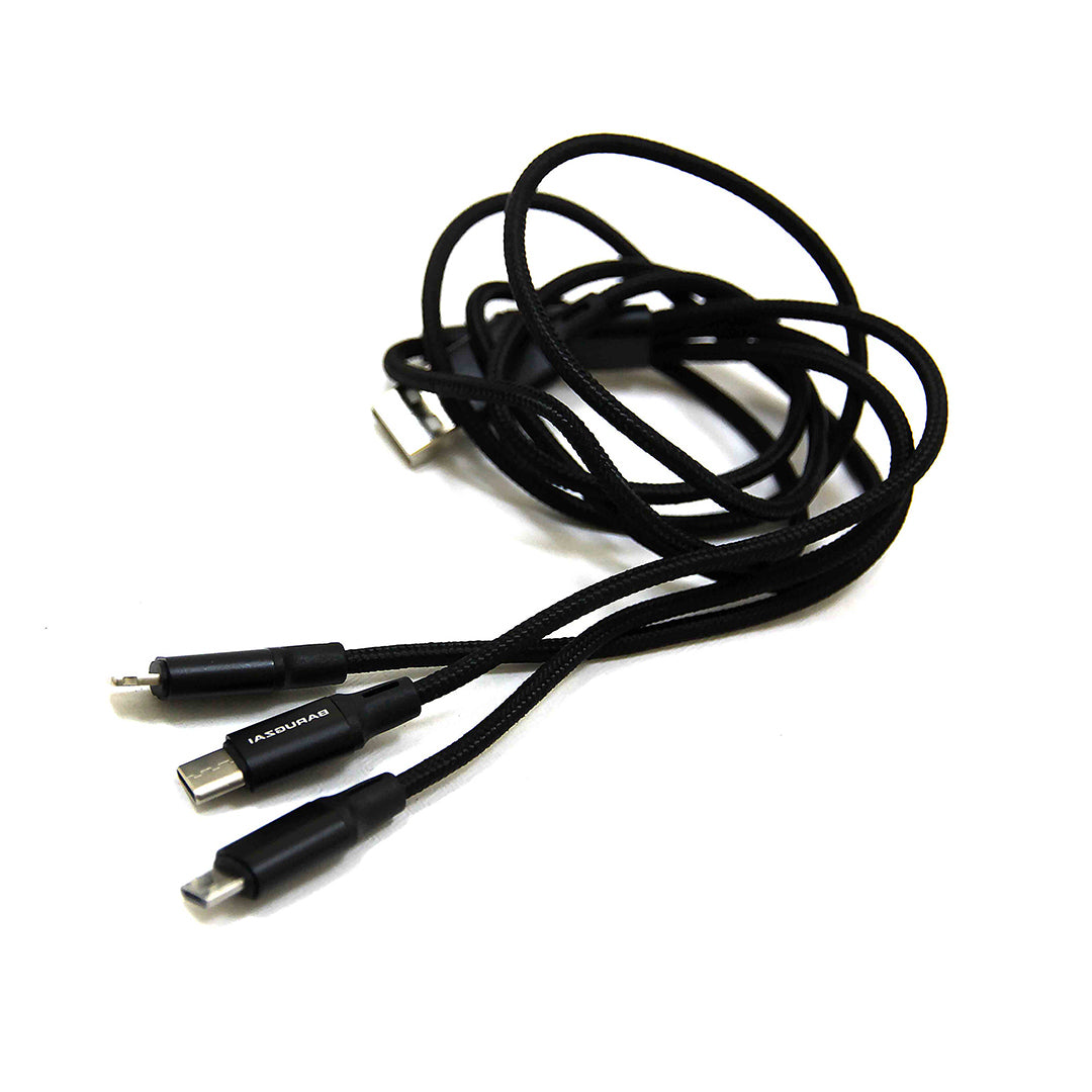 3-in-1 Barugzai Black USB cable with multiple connectors on a white background.