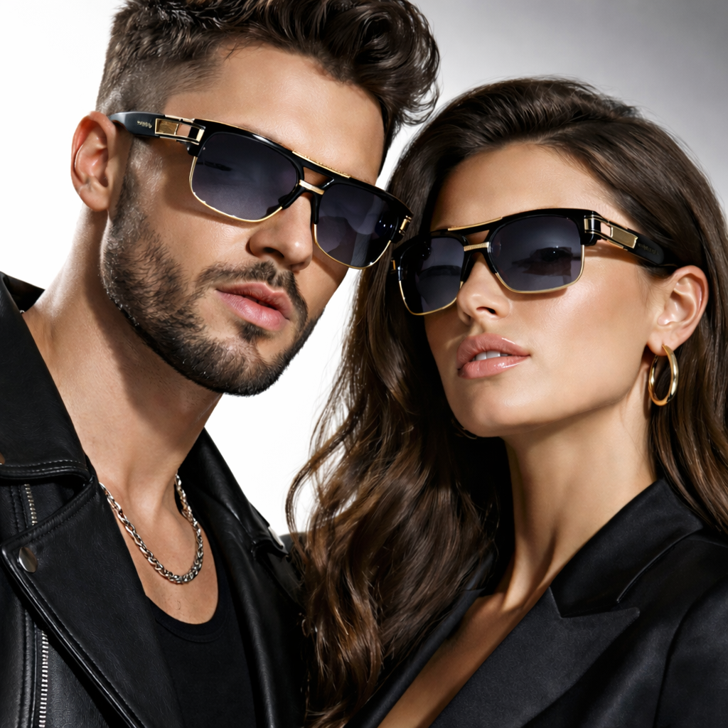 Man and woman wearing stylish purple smoked lens Barugzai sunglasses with a neutral background.