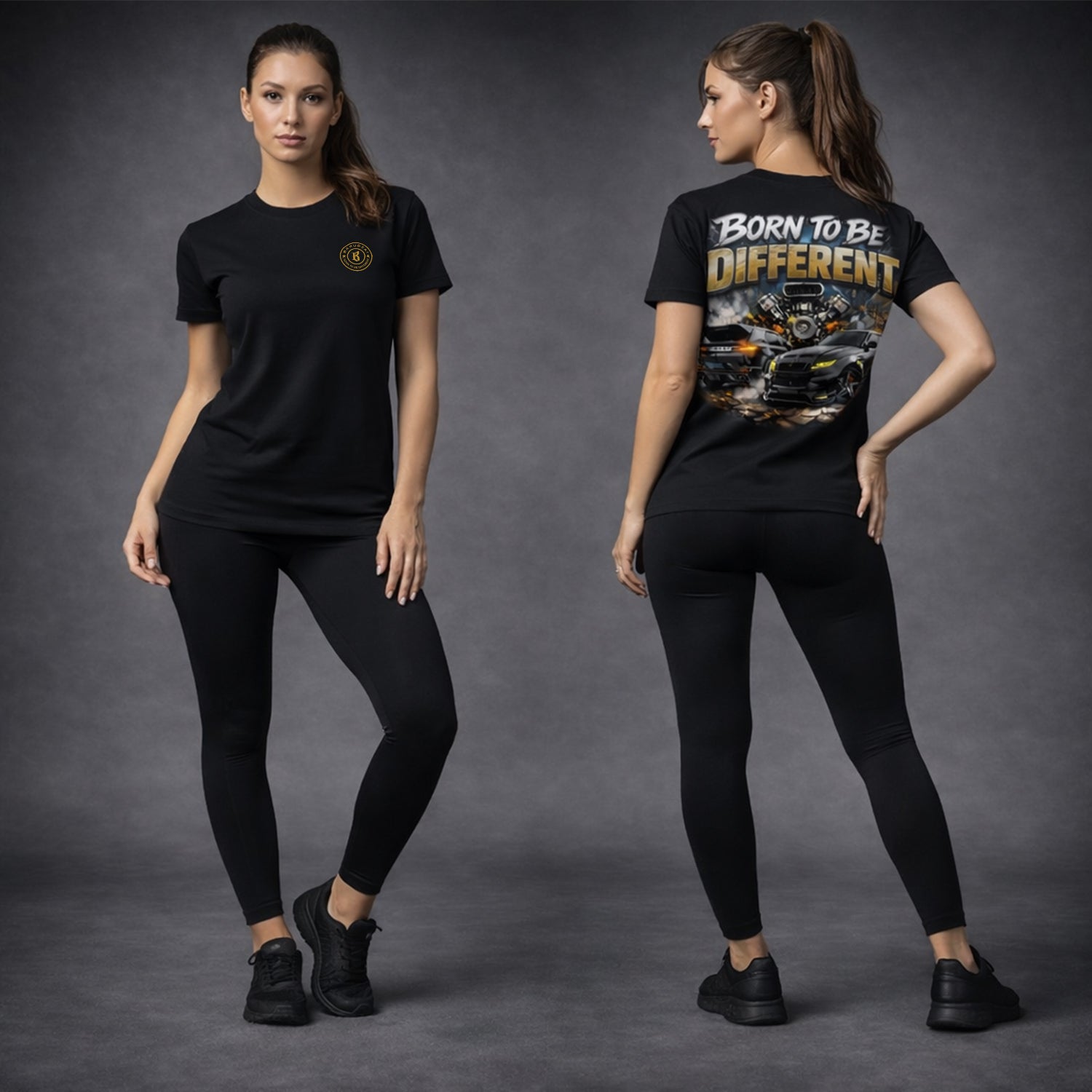 Female version of the front and rear view of the born to be different gold version in the studio setup. 