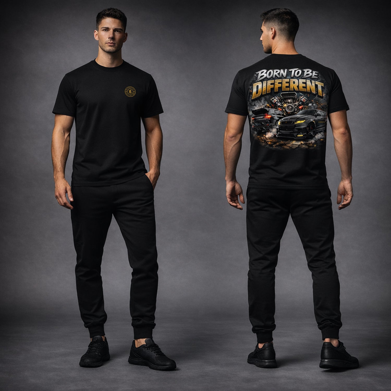Male version of the black raptor Gold t shirt worn by the model showcasing the front and rear view in a studio setup. 