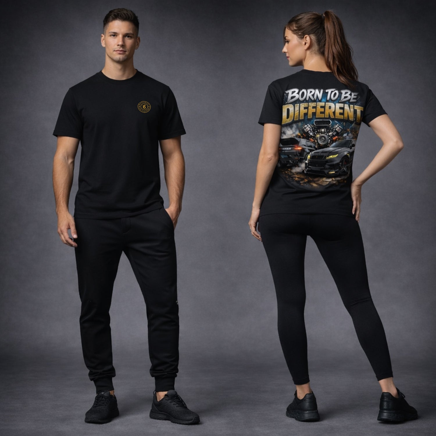 Male and female version of the born to be different gold Tshirts worn by the models in a studio setup. 