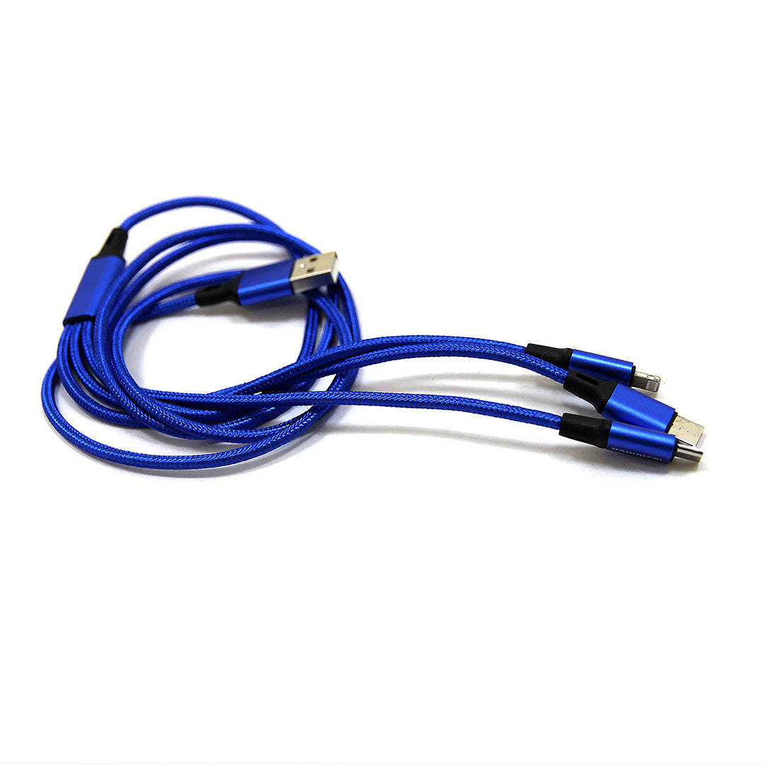 Velocity Blue USB cable with multiple connectors on a white background.