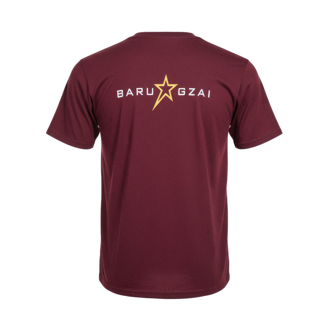 Barugzai Essentials B-Star burgundy t shirt rear Barugzai wordmark in a white background. 
