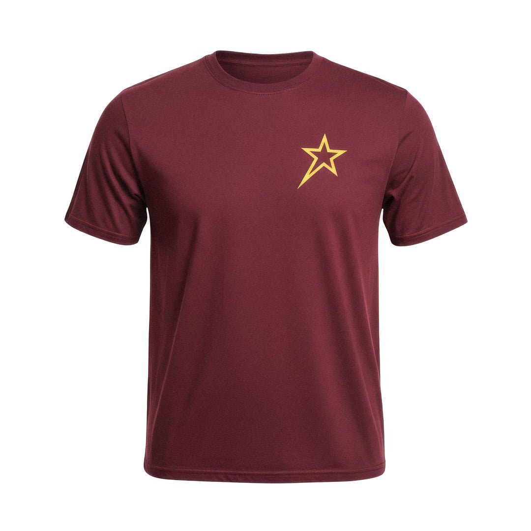 Barugzai Essentials B-Star lightweight burgundy t shirt gold chest logo in a white background. 