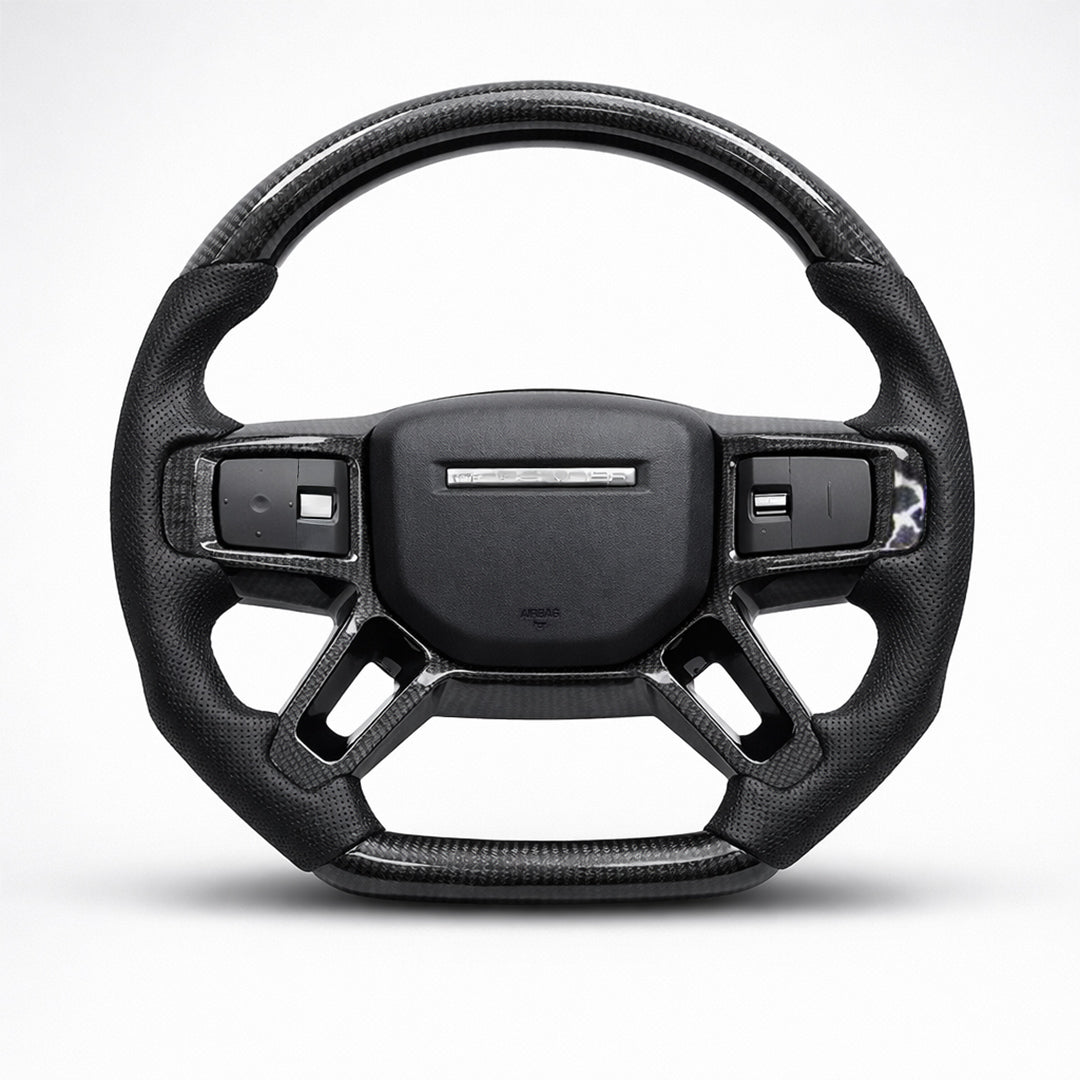 Black steering wheel with carbon fiber texture on a white background.