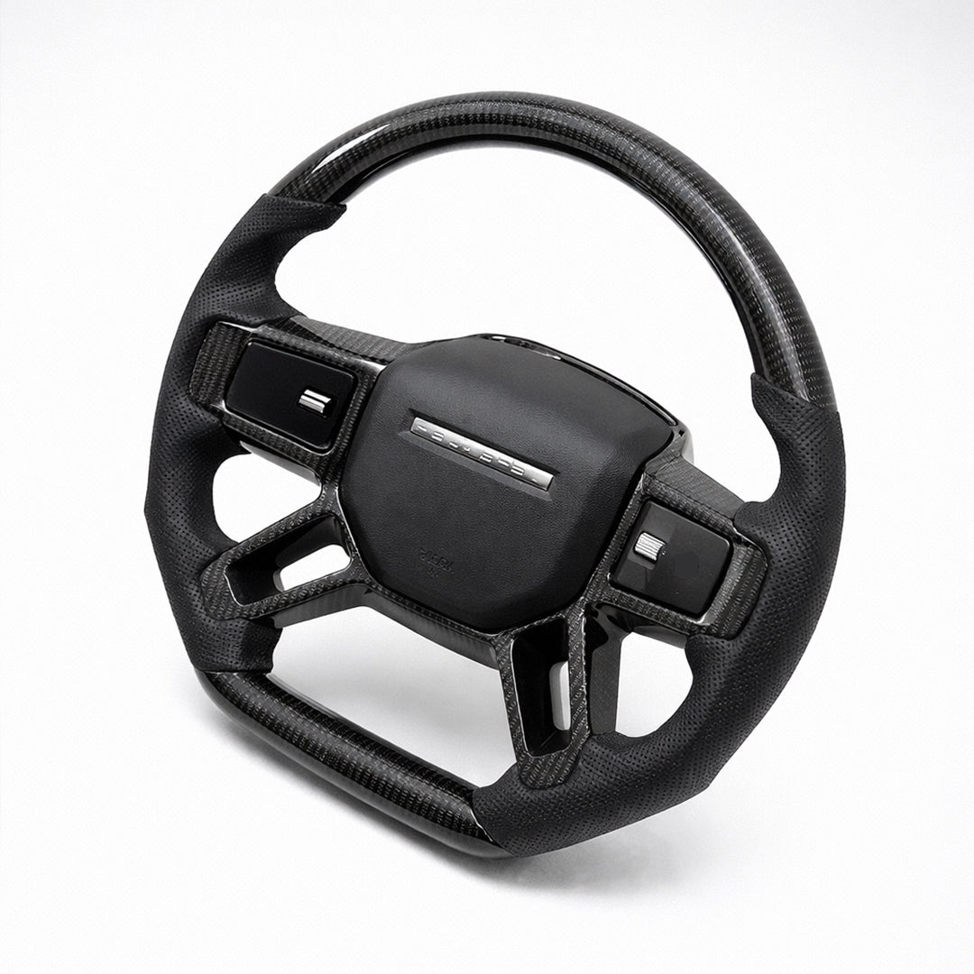 Black steering wheel with buttons on a white background.