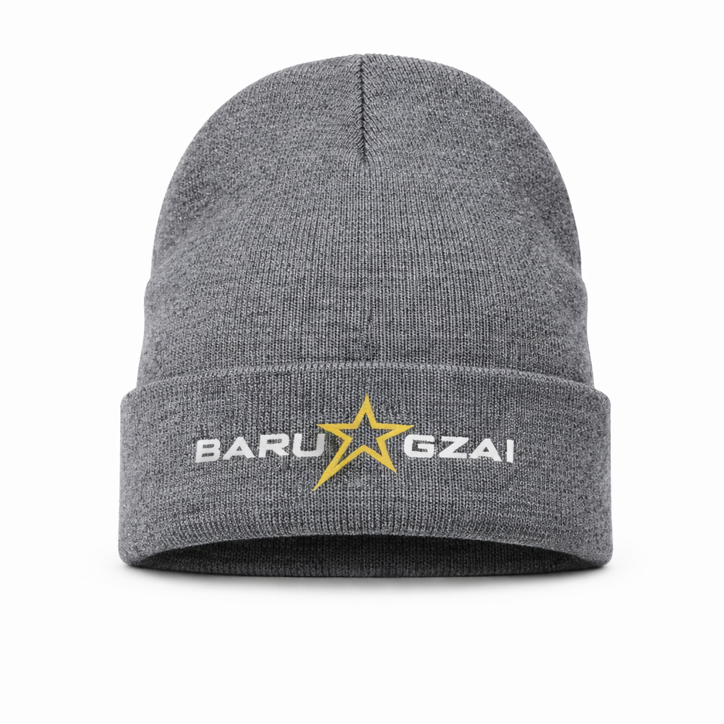 Gray beanie with 'BARU GZAI' logo on a white background