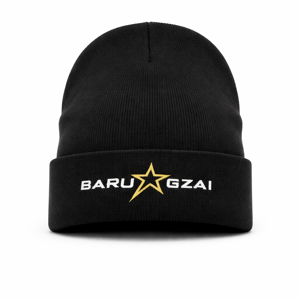 Black beanie with 'BARU GZAI' logo on a white background