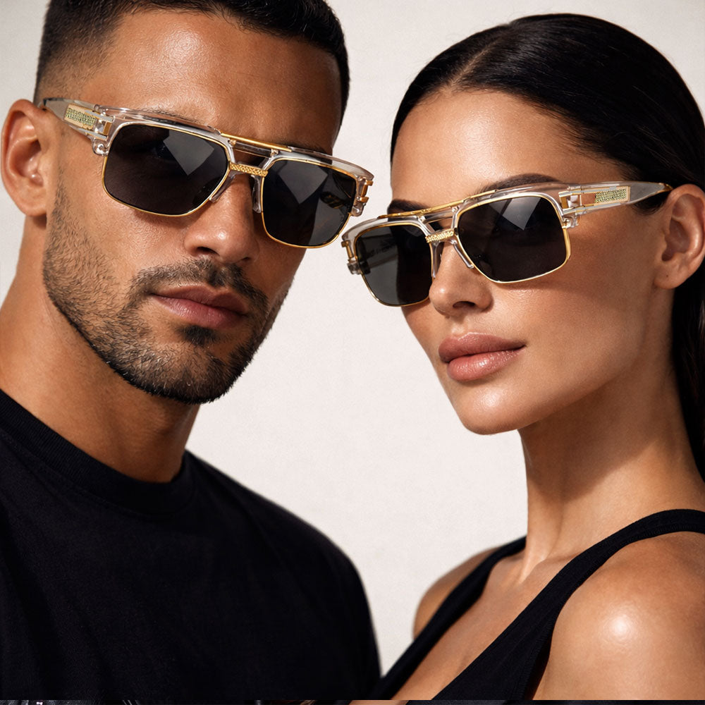 Man and woman wearing Barugzai clear body sunglasses with a neutral background.
