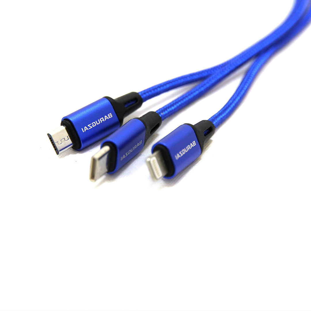 Blue Velocity Close up Charging Cable with multiple connectors on a white background.