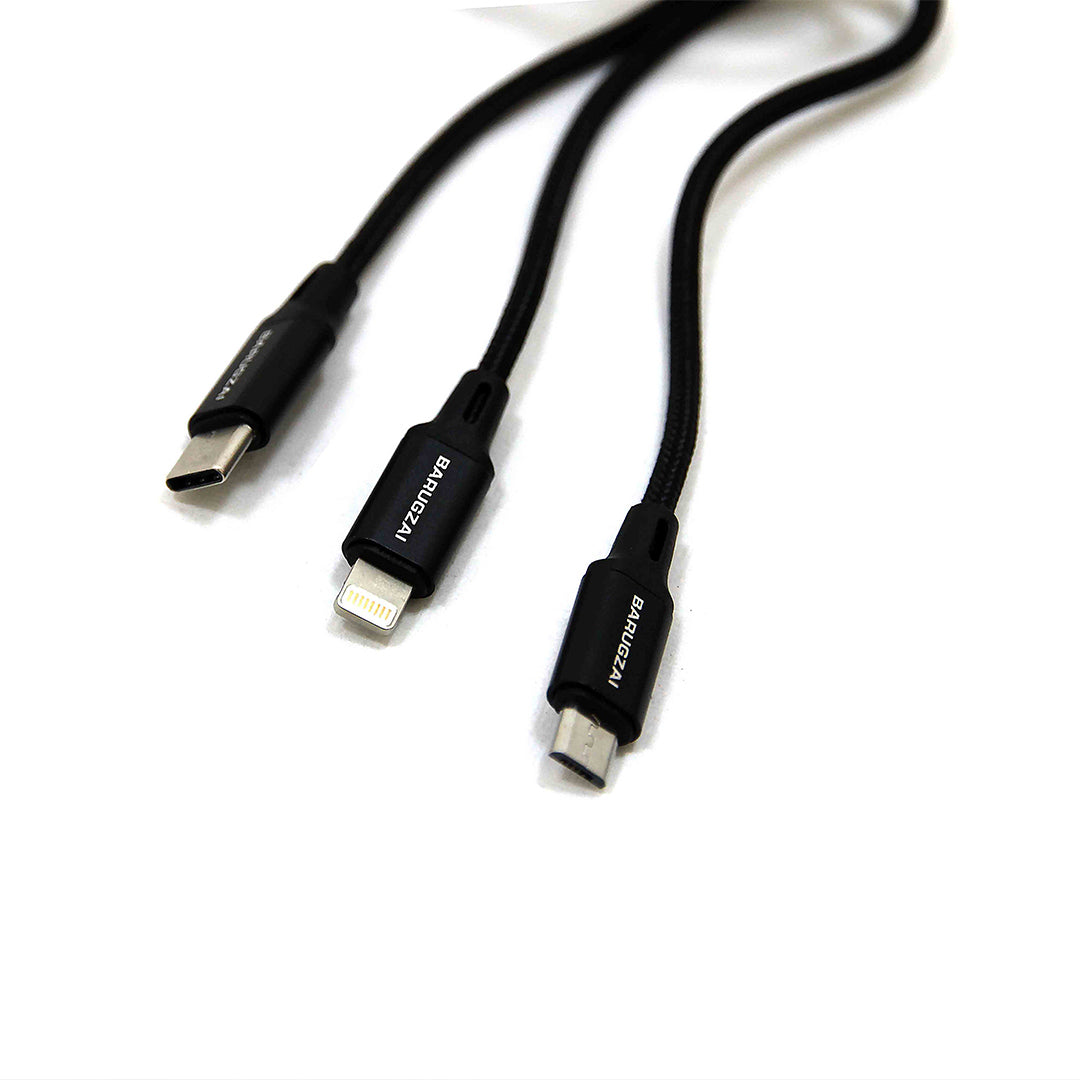 Three black cables with different connectors on a white background.