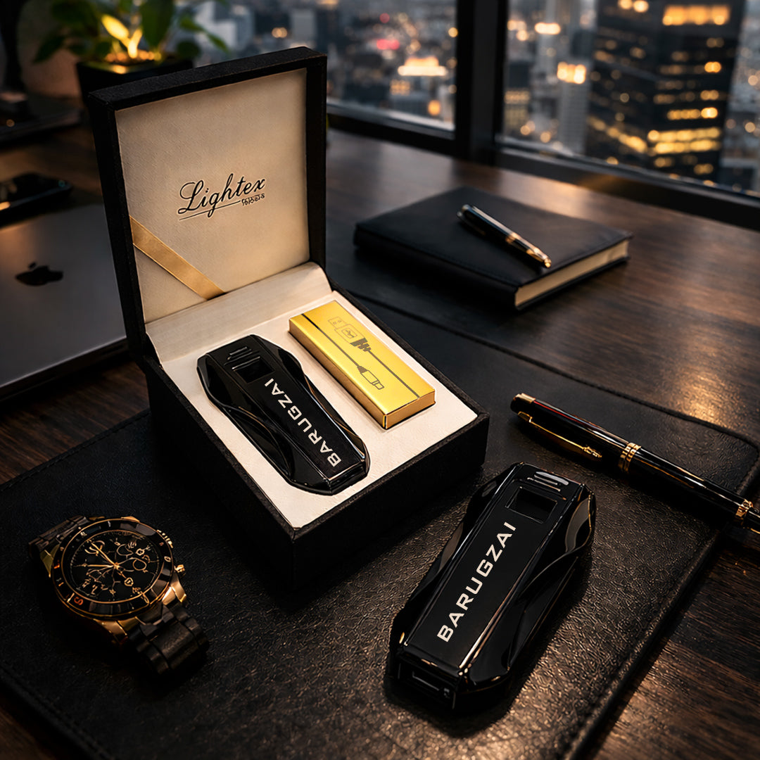 BARUGZA lighter and gold foil pack on a wooden surface with a cityscape background