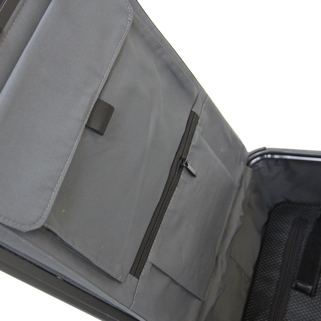 Gray interior zips and top compartment visible. Open Barugzai Suitcase.