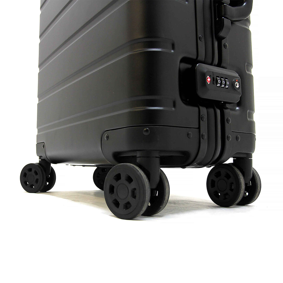 Black suitcase with wheels and a lock on a white background.