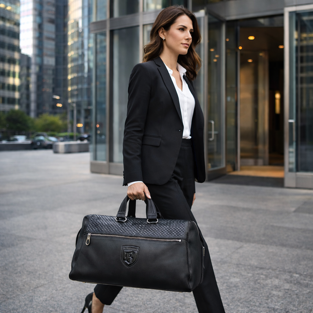 Woman in a black suit holding a black barugzai holdall bag in an urban setting