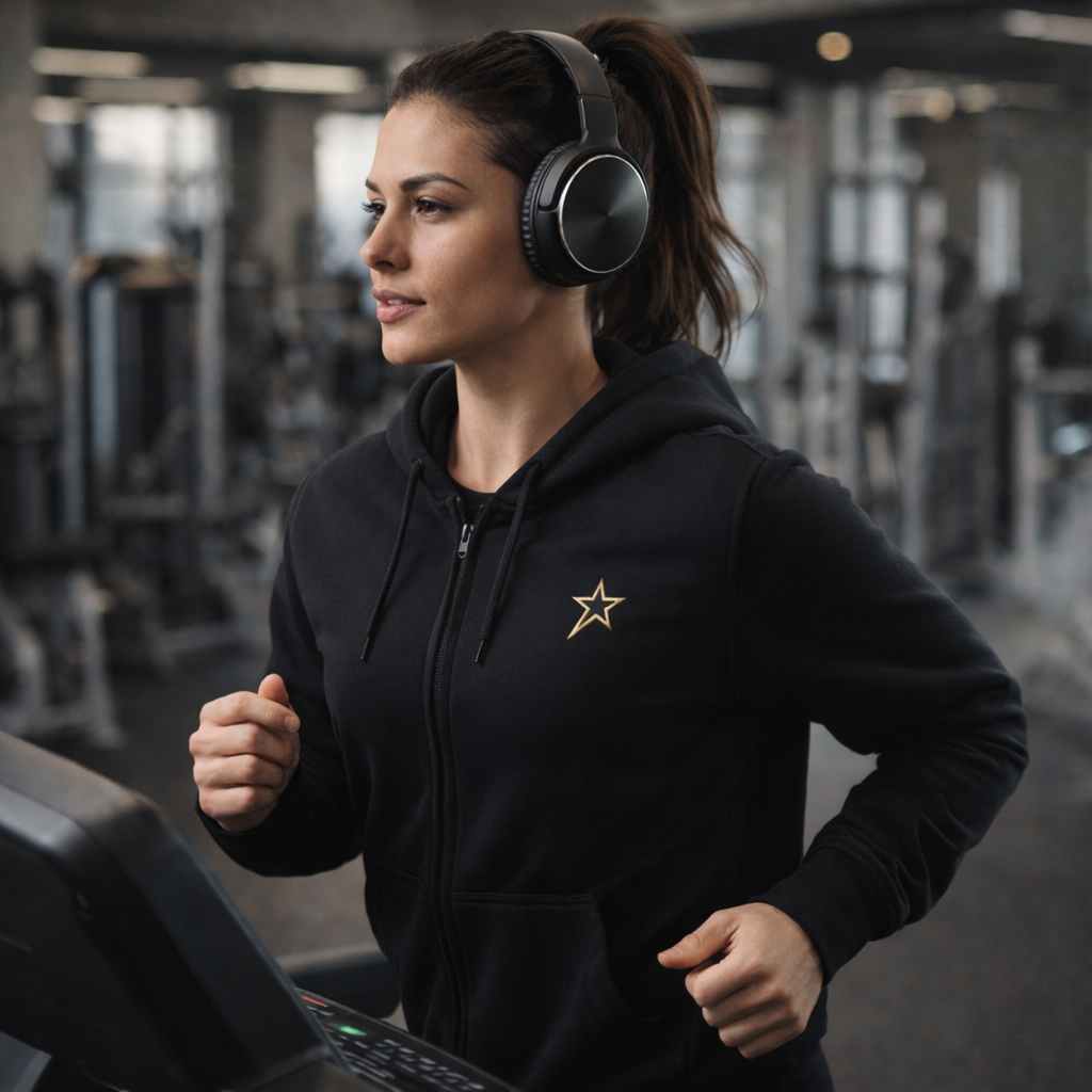 Female running on treadmill with headphones by Barugzai in a gym environment.