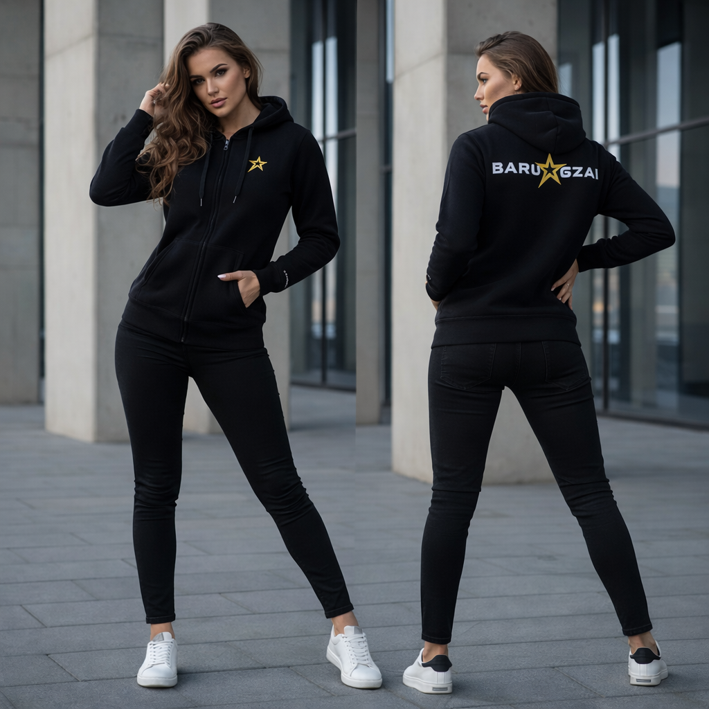 Woman wearing a black hoodie with a logo, standing in front of a modern building.
