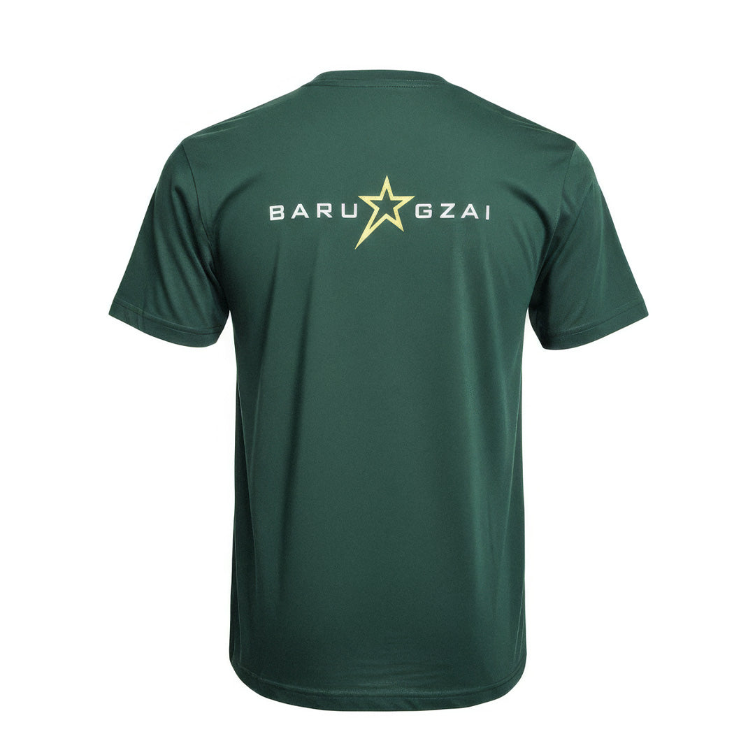 Barugzai Essentials B-Star green t shirt rear Barugzai wordmark in a white background. 
