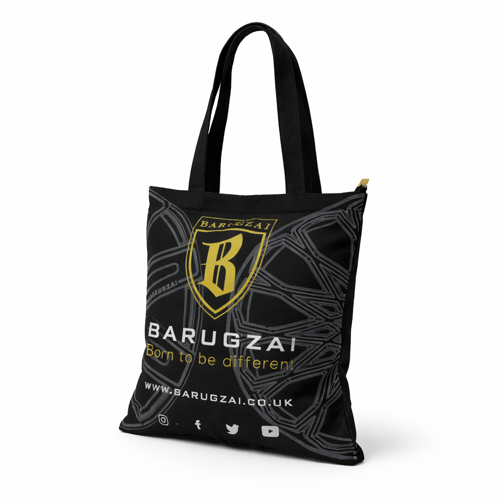 Black tote bag with gold logo and text on a white background.